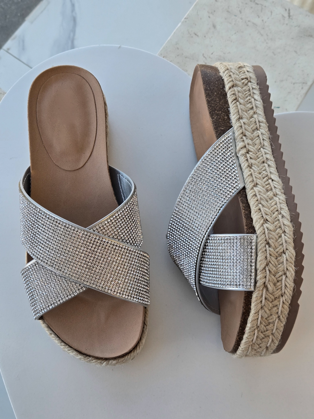 Silver Rhinestone Crisscross Platform Slide Sandals
